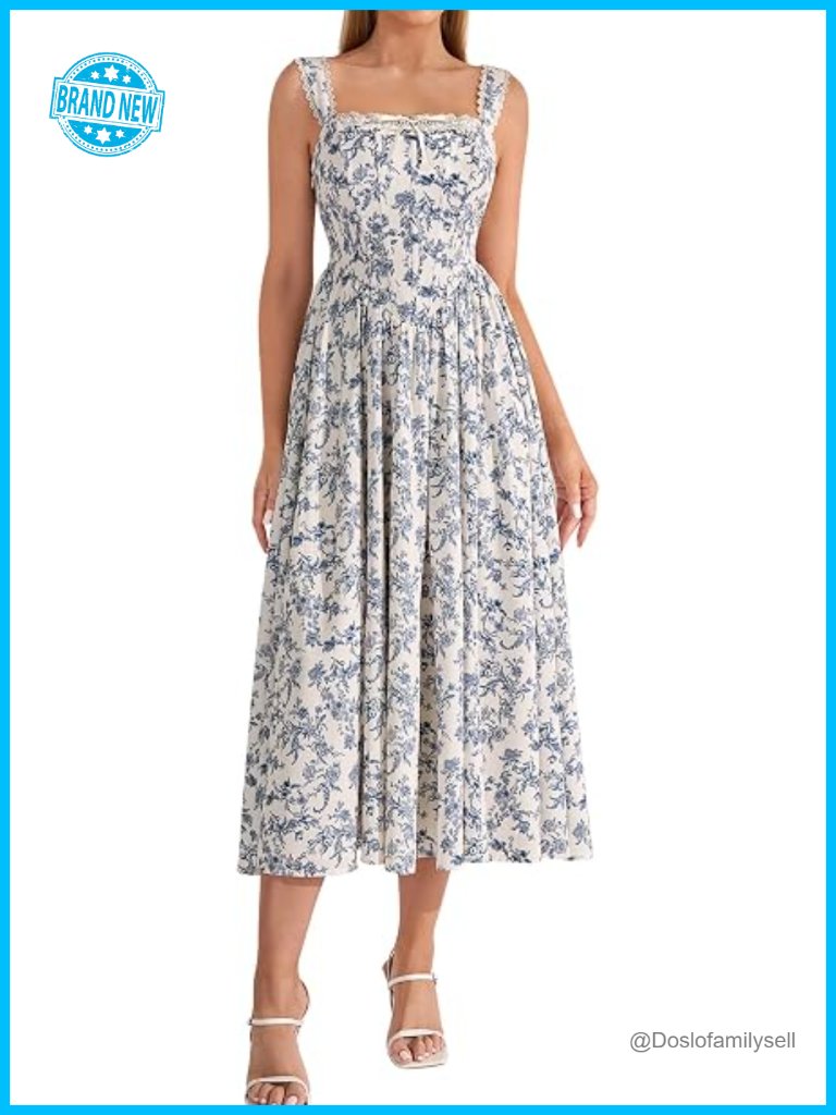 Floral Corset Midi Wedding Guest Dress Lace Up Flowy Milkmaid
